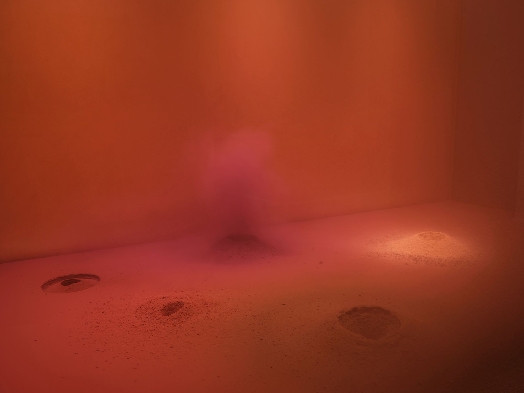 Dora Budor/ Croatia b.1984 / Origin I (A Stag Drinking); Origin II (Burning of the Houses); Origin III (Snow Storm) 2019 / Custom environmental chamber
(reactive electronic system, compressor, valves, 3D-printed elements, aluminium, acrylic, LED light, glass, wood, paint), organic and synthetic pigments, diatomaceous earth, FX dust, felt, ed. 3/3 / Three chambers: 152 x 160 x 86cm (each) / Purchased 2021. Queensland Art Gallery | Gallery of Modern Art Foundation