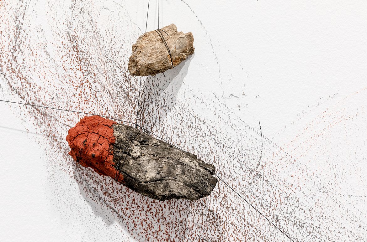 Robert Andrew, Yawuru people, Australia b.1965 / Tracing inscriptions (detail) 2020/22 (installation view, ‘Overlapping Magisteria: The 2020 Macfarlane Commissions’, Australian Centre for Contemporary Art, Melbourne 2020) / Aluminium, electromechanical components, rocks, wood, ochre/ Courtesy: Robert Andrew and Milani Gallery, Brisbane