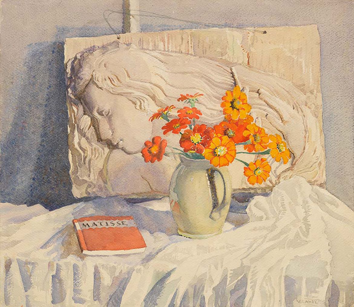 Vida Lahey, Queensland Australia 1882–1968 / Art and nature 1934 / Watercolour over pencil on cardboard / 52.5 x 60.6cm / Gift of the Queensland Art Fund 1950 in memory of Miss Madge Roe (1891-1938) / Collection: Queensland Art Gallery | Gallery of Modern Art / © QAGOMA