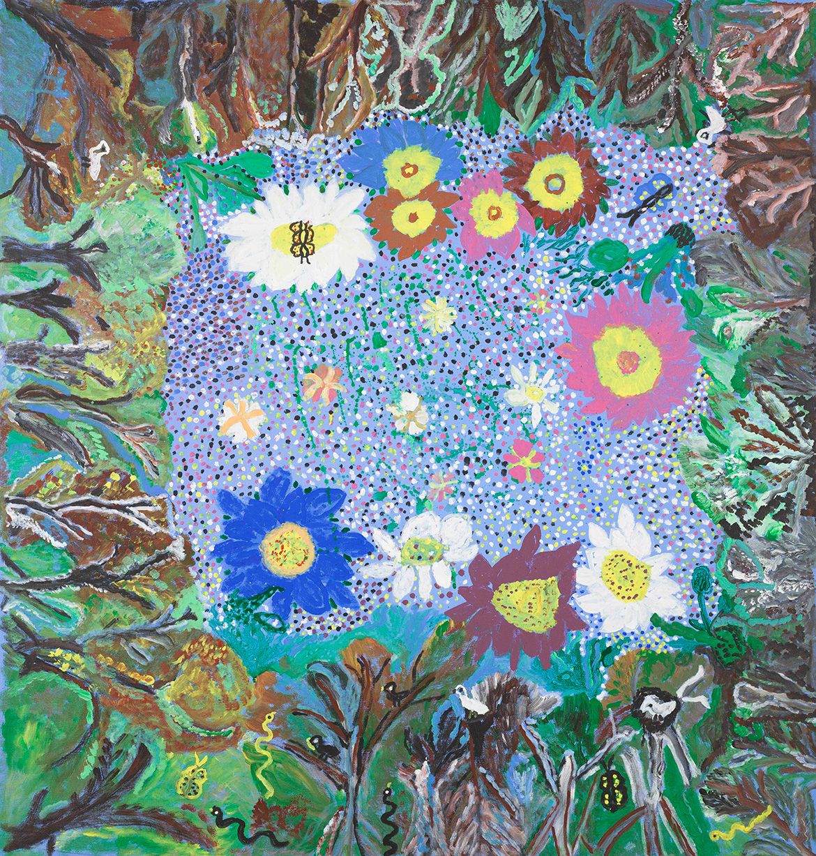 Mavis Ngallametta, Kugu-Uwanh people, Putch clan, Australia 1944–2019 / Pamp (Swamp) 2009 / Synthetic polymer paint on linen / 116 x 111cm / Gift of the artist through the QAGOMA Fondation 2015. Donated through the Australian Government’s Cultural Gifts Program / Collection: Queensland Art Gallery | Gallery of Modern Art / © Mavis Ngallametta Estate