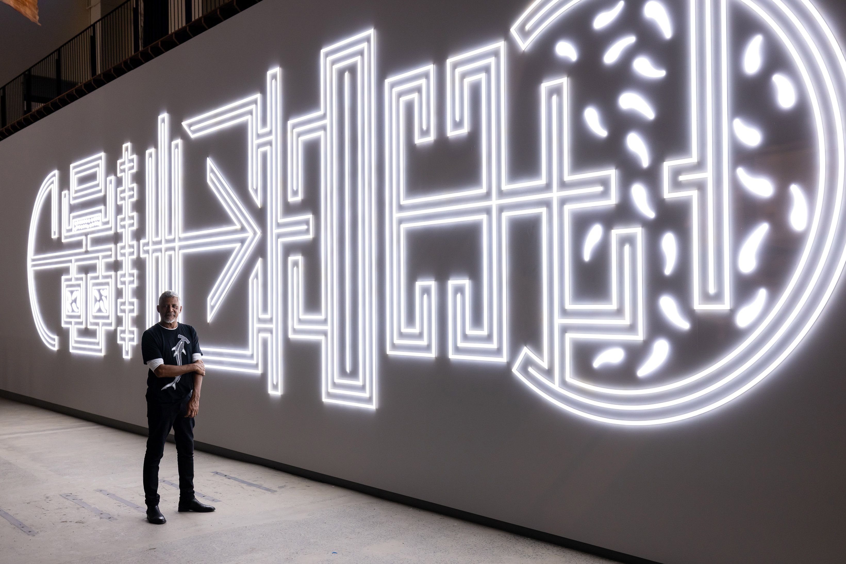 Darrell Sibosado with Galalan at Gumiri 2023 (installation view, 24th Biennale of Sydney: Ten Thousand Suns 2024) / Image courtesy: The artist / Photograph: Daniel Boud
