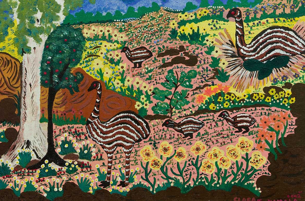 Clara Inkamala, Arrernte people, Australia b.1954 / (Emu and chicks) (detail) 2002 / Synthetic polymer paint on Belgian linen / 51.1 x 70.5cm / Purchased 2003 with funds from Margaret Mittelheuser AM through the QAG Foundation / Collection: Queensland Art Gallery | Gallery of Modern Art / © Clara Inkamala