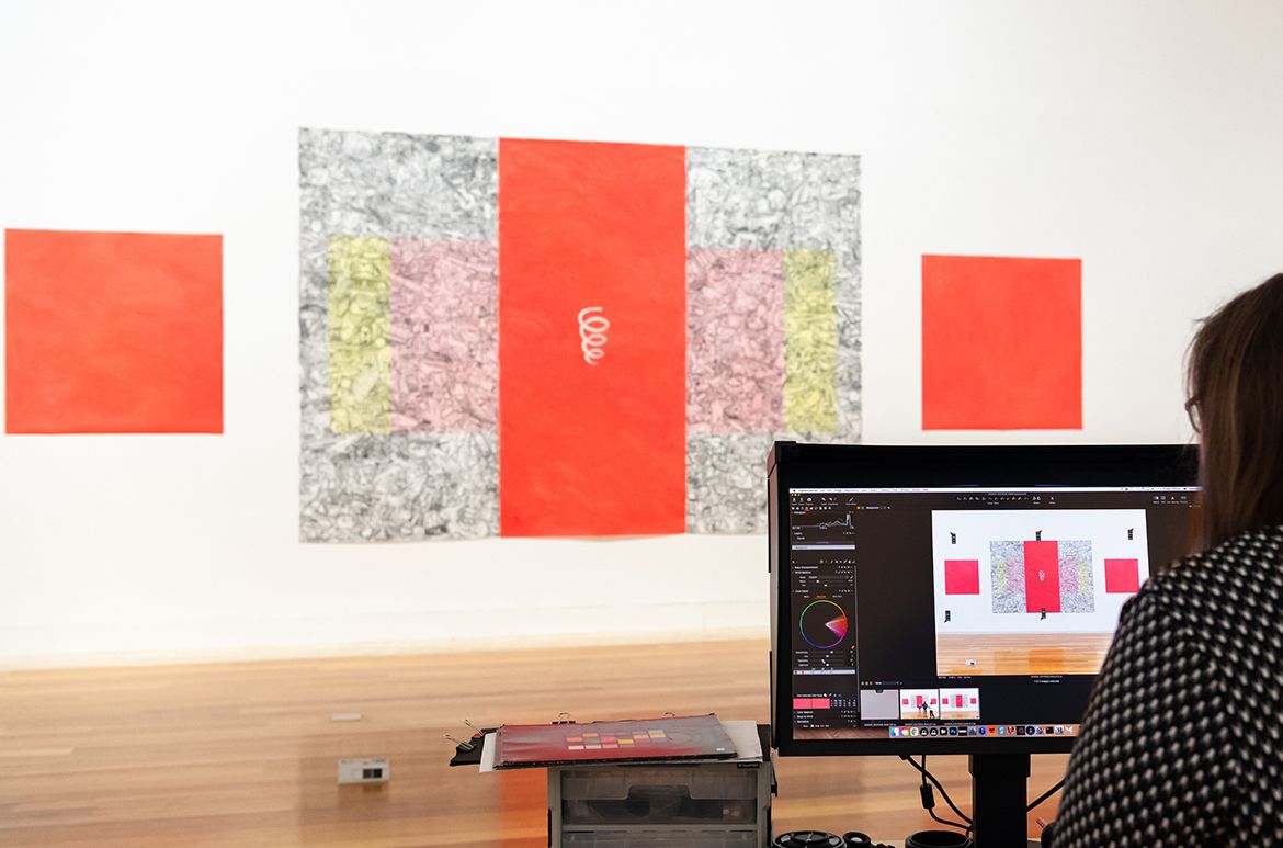 Digitising the collection / Elizabeth Gower, Australia b.1952 / Thinking about the meaning of life 1990 / Synthetic polymer paint on drafting film / 288 x 787cm (overall installed) / Purchased 1993 under the Contemporary Art Acquisition Program with funds from Ian Gray through the Queensland Art Gallery Foundation / Collection: Queensland Art Gallery | Gallery of Modern Art / © Elizabeth Gower / Photograph: L Wilkes © QAGOMA