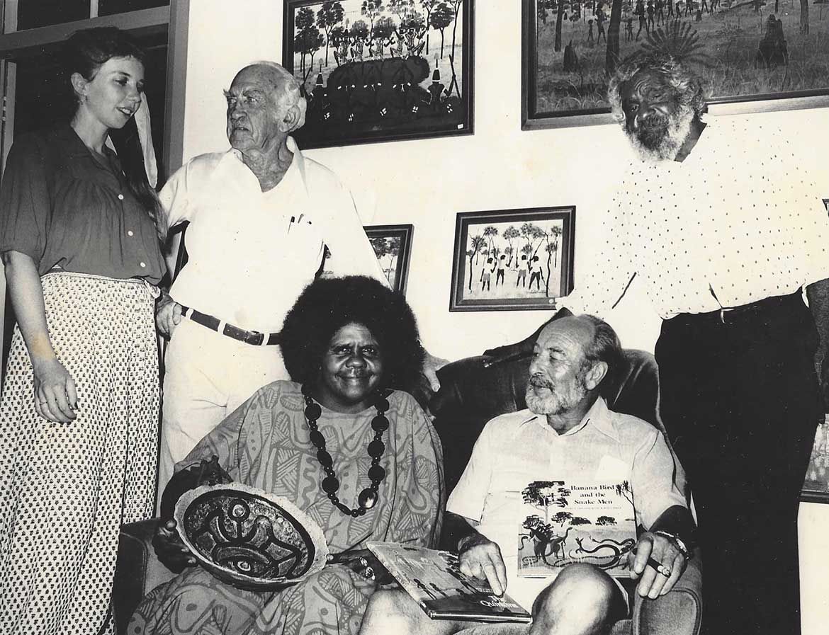 Xavier Herbert, Thancoupie, Percy Trezise and Dick Roughsey (with unknown, far left), c.1980s / Image courtesy: Jennifer Isaacs