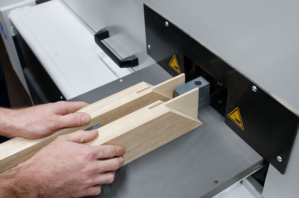 The German-made Stegherr machine cuts double mitred bridle
joints for stretchers in pairs / Photography: Raf Nathan