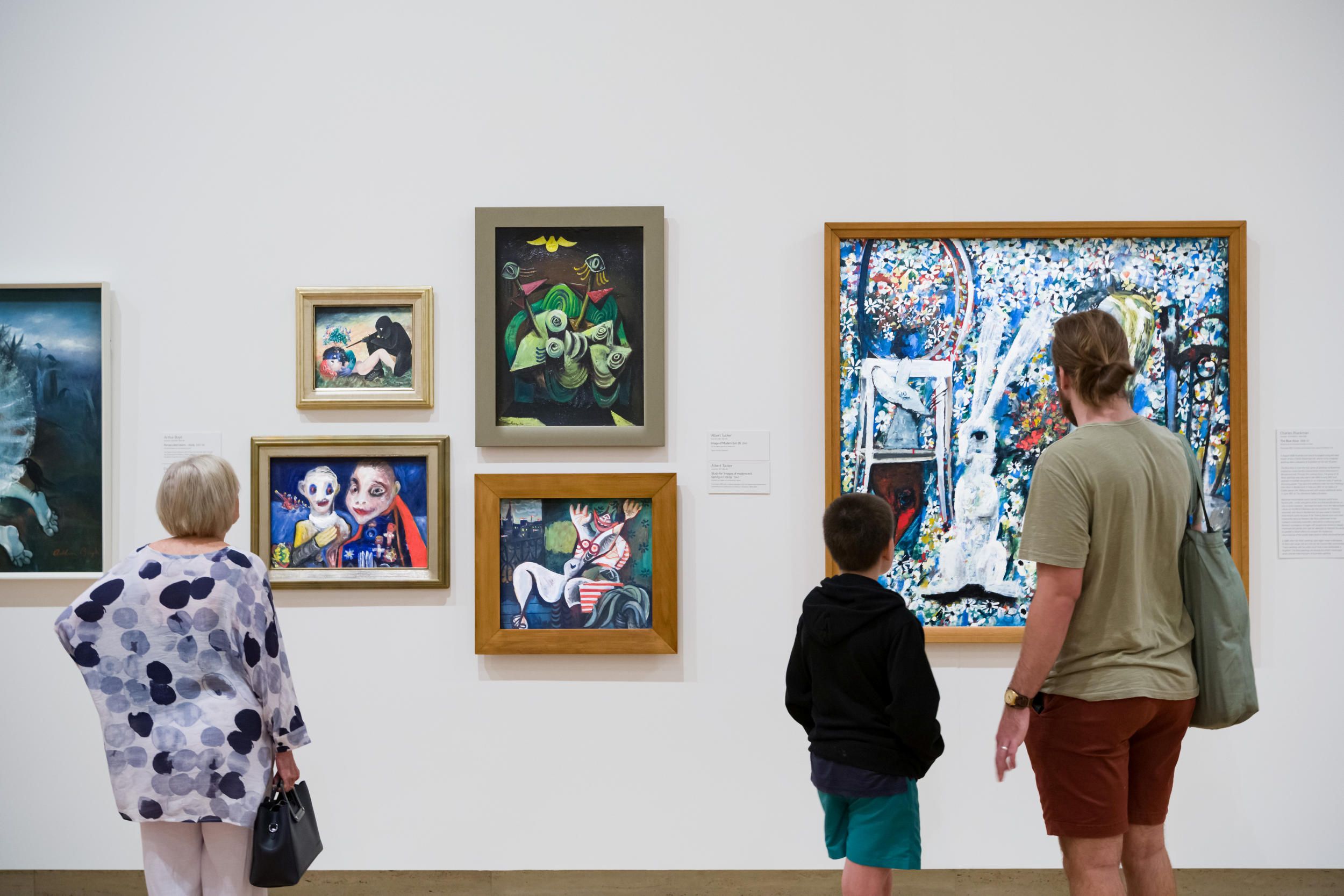 Clockwise from left: Arthur Boyd / Australia,1920-1999 / Persecuted lovers - study 1957-58 / The Taylor Family Collection. Gift of Paul, Sue and Kate Taylor through the QAGOMA Foundation 2017. Donated through the Australian Government's Cultural Gifts Program / Collection: QAGOMA / © Arthur Boyd. Work reproduced with the permission of Bundanon Trust

Charles Blackman / Australia, 1928-2018 / The Blue Alice 1956-57 / Purchased 2000. The Queensland Government's special Centenary Fund / Collection: QAGOMA / © Charles Blackman/Copyright Agency

Albert Tucker / Australia,1914-1999 / Image of Modern Evil 29 1946 / Collection: Paul Taylor, Brisbane; Study for 'Images of modern evil: Spring in Fitzroy' 1943 / Purchased 1995 with a special allocation from the Queensland Government. Celebrating the Queensland Art Gallery's Centenary 1895-1995 / Collection: QAGOMA / © Albert Tucker Estate

Danila Vassilieff / Australia, 1897-1958 / Harry and Ike 1952 / Purchased 1984 / Collection: QAGOMA / © Danila Vassilieff Estate