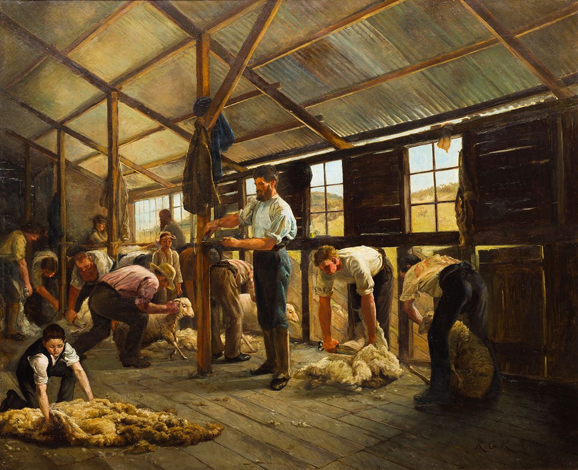 R. Godfrey Rivers, England/Australia 1858-1925 / Woolshed, New South Wales 1890 / Oil on canvas / 92 x 112cm / Acc. 1:0013 / Gift of the artist 1895 / Collection: Queensland Art Gallery | Gallery of Modern Art / This painting was included in the group of works presented by artists for display in the initial exhibition of the Queensland National Art Gallery, formally opened by His Excellency the Governor, Sir Henry Wyllie Norman, in the presence of a large gathering at the Town Hall on Friday, 29 March 1895.