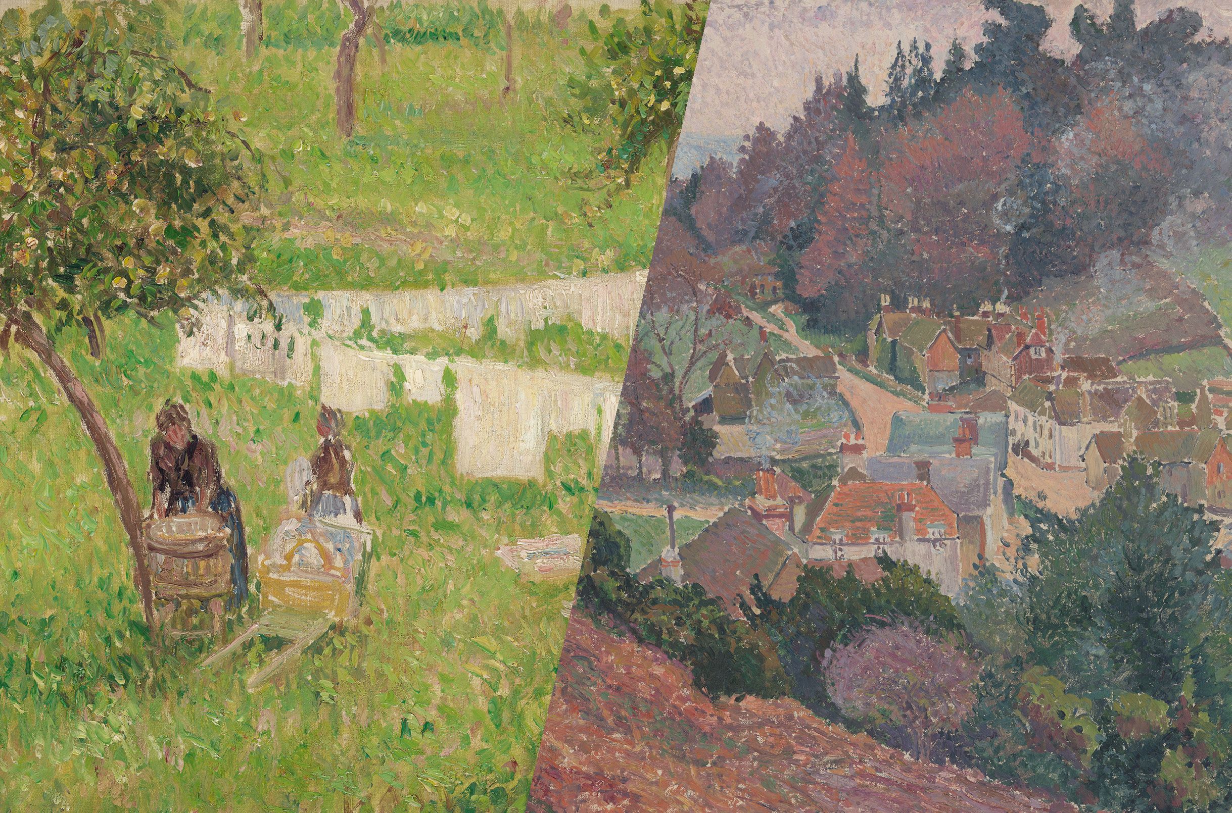 (l-r) Camille Pissarro, La lessive à Éragny (Washing day at Éragny) 1901 / Lucien Pissarro, Tea time, Coldharbour 1916
