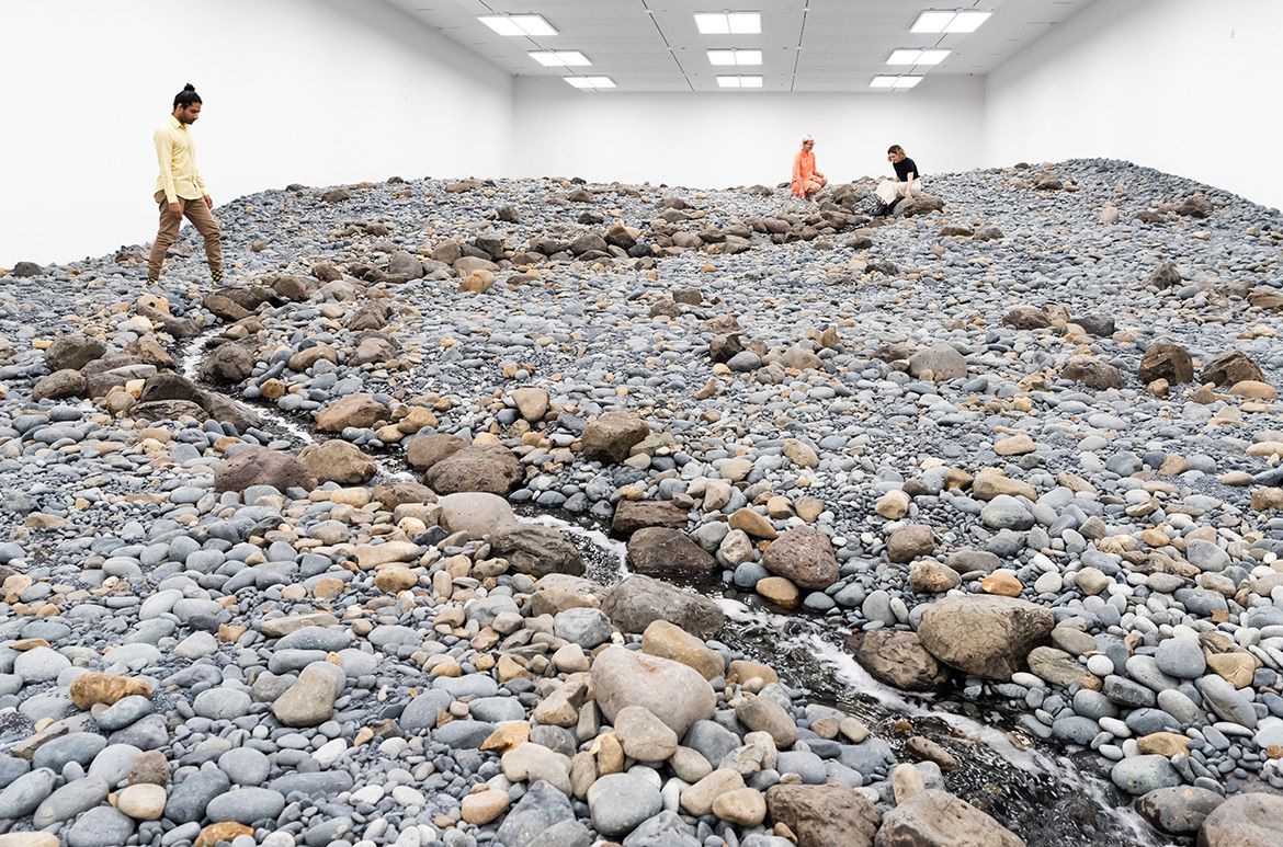 Olafur Eliasson, Denmark b.1967 / Riverbed (detail) 2014 (installation view, GOMA, 2019) / Water, rock (volcanic stones [blue basalt, basalt, lava], other stones, gravel, sand), wood, steel, plastic sheeting, hose, pumps / Purchased 2021. The Josephine Ulrick and Win Schubert Charitable Trust. Collection: The Josephine Ulrick and Win Schubert Charitable Trust, Queensland Art Gallery | Gallery of Modern Art / © 2014 Olafur Eliasson / Photograph: N Harth © QAGOMA