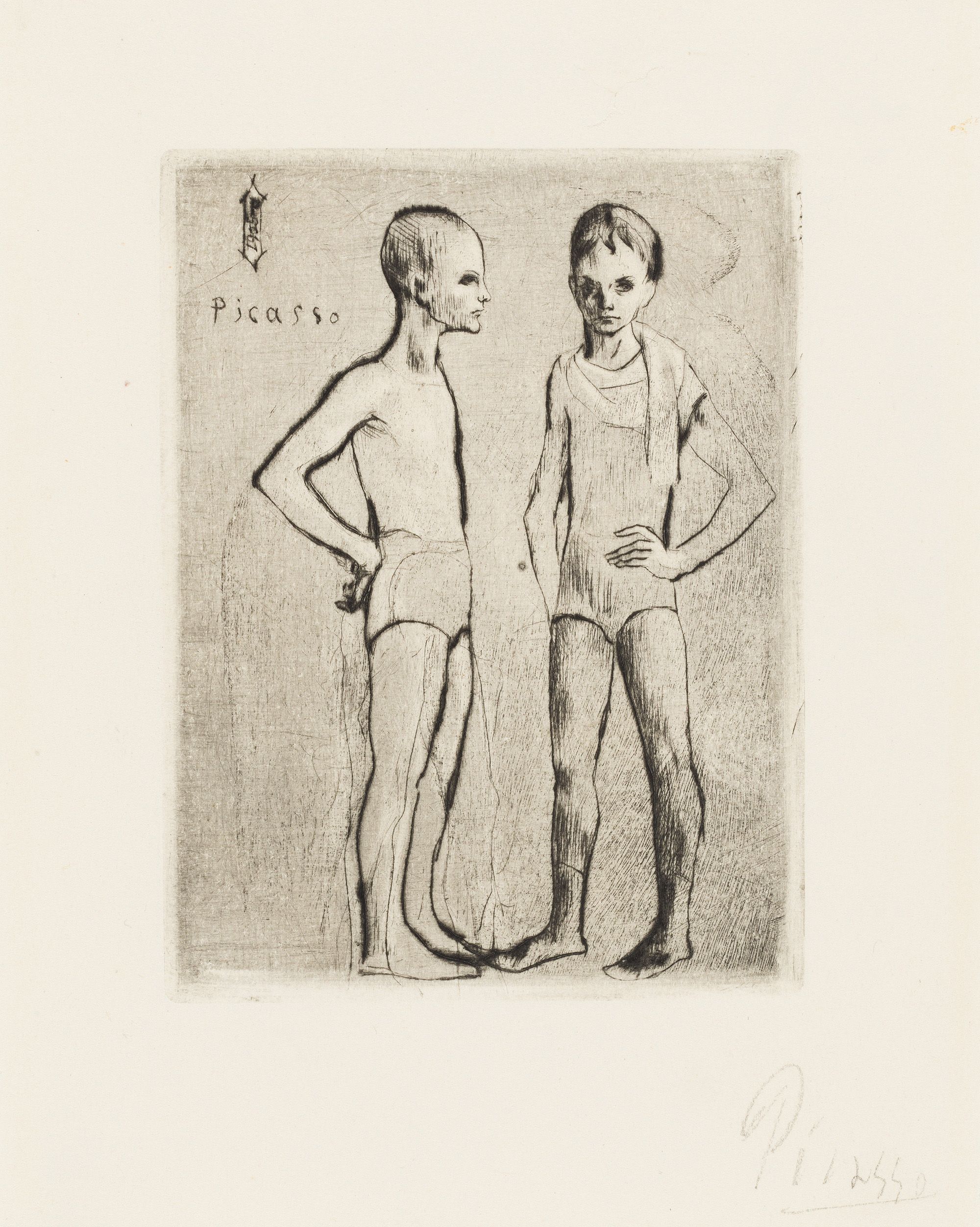 Pablo Picasso, Spain 1881–1973 / Les deux Saltimbanques (The two acrobats) (from 'La Suite des Saltimbanques' series) 1905 / Drypoint on laid paper / 21.5 x 14.3cm / Purchased 2015 with funds from the Henry and Amanda Bartlett Trust through the QAGOMA Foundation / Collection: Queensland Art Gallery | Gallery of Modern Art / © Succession Picasso/Copyright Agency