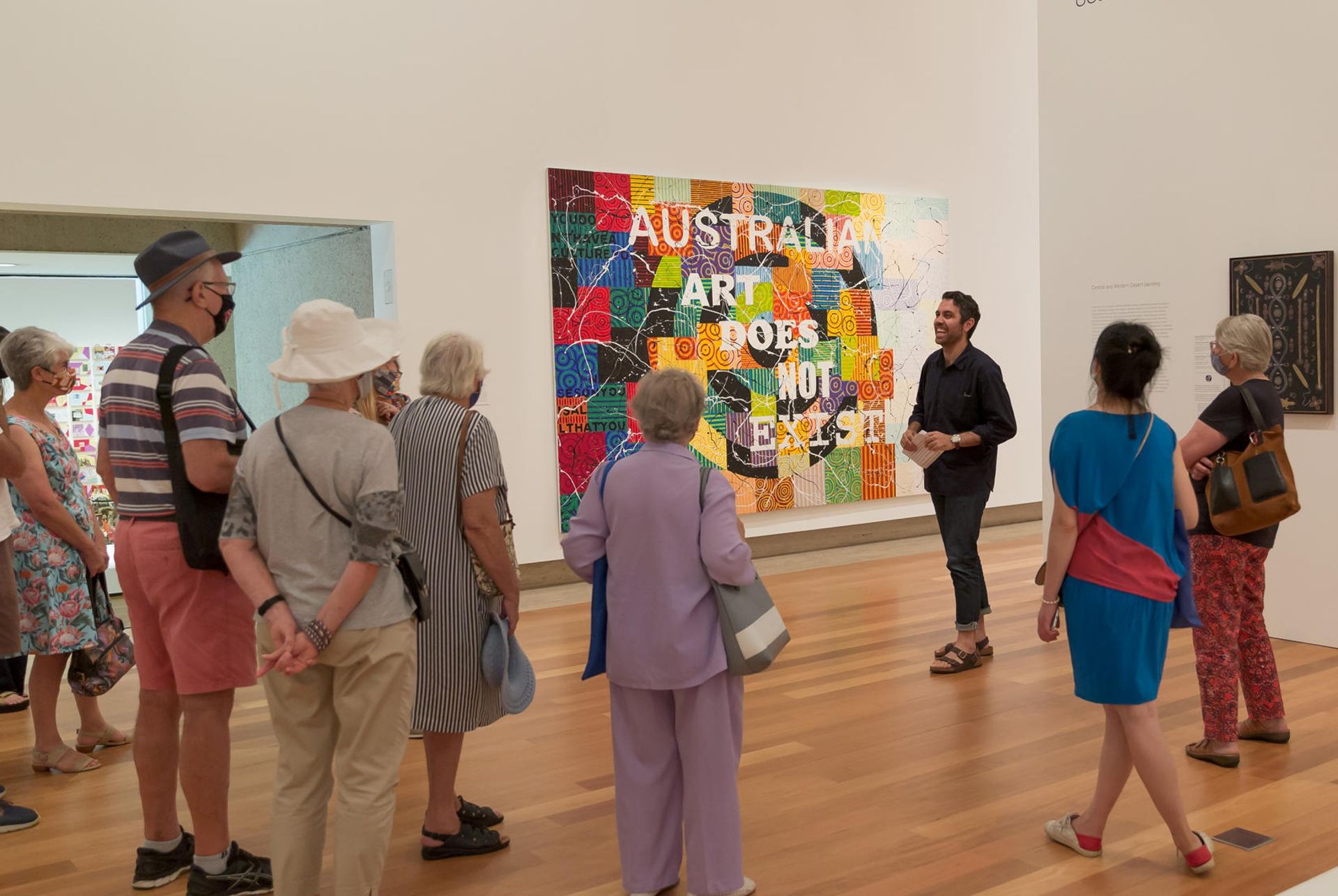 Richard Bell / Kamilaroi/Jiman/Kooma people / Australia b.1953 / Judgement Day (Bell’s Theorem) (installation view) 2008 / Synthetic polymer paint on canvas / 240 x 360cm / The James C. Sourris AM Collection. Gift of James C. Sourris AM through the Queensland Art Gallery | Gallery of Modern Art Foundation 2013. Donated through the Australian Government’s Cultural Gifts Program / Collection: Queensland Art Gallery / © The artist