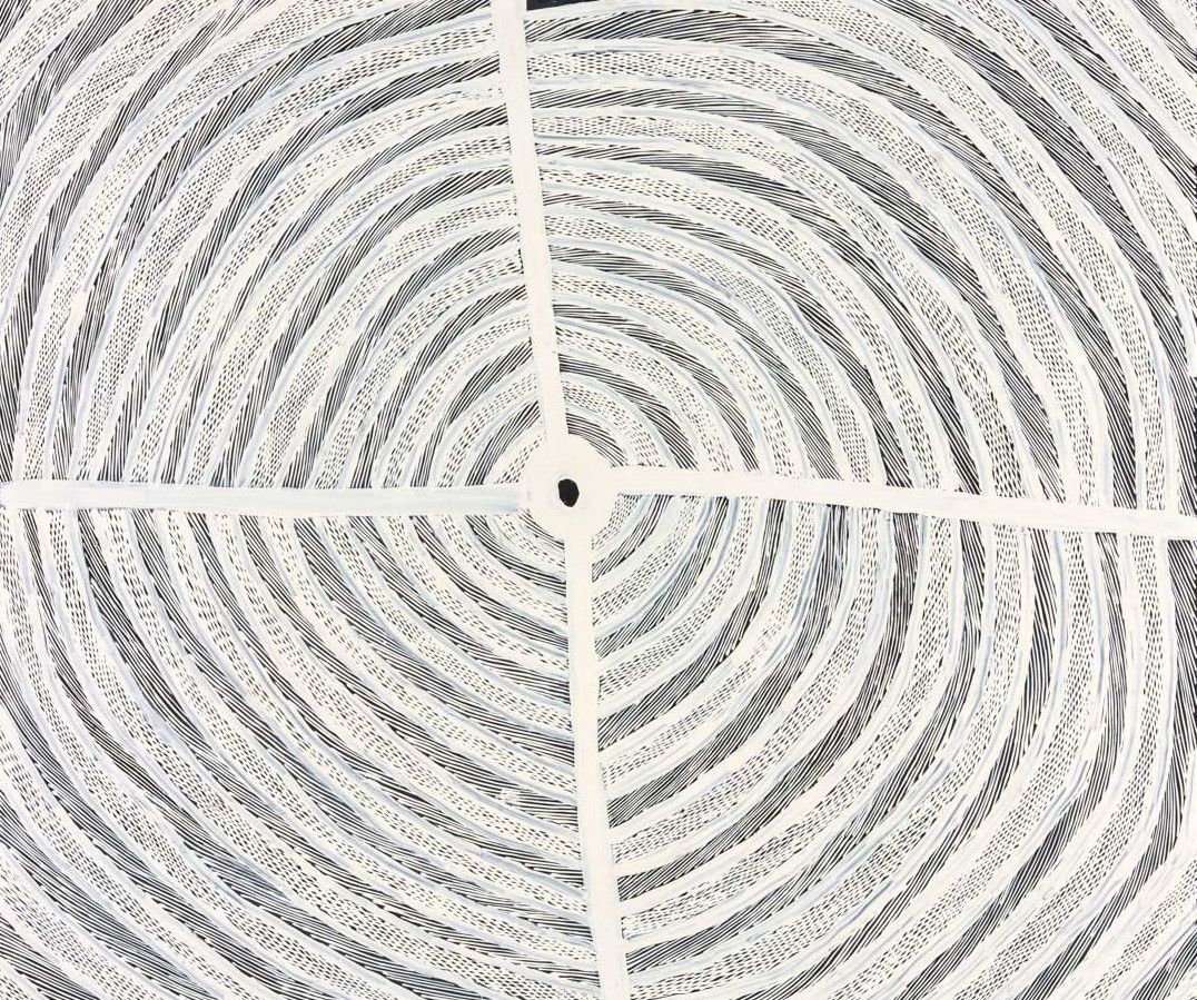 Dhuwarrwarr Marika / Rirratjingu/Miliwurrwurr people / Australia b.c.1945 / Milngurr (detail) 2018 / Enamel paint on aluminium composite board (Alupanel) / 150 x 150cm / Purchased 2019 with funds from Anne Best through the Queensland Art Gallery | Gallery of Modern Art Foundation / Collection: Queensland Art Gallery | Gallery of Modern Art / ©Dhuwarrwarr Marika, courtesy of Buku-Larrnggay Mulka Centre, Yirrkala