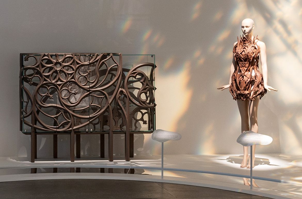 Iris van Herpen, Netherlands b.1984 / Isaïe Bloch (Collaborator), Belgium b.1986 / Materialise (Collaborator), Belgium est.1990 / Cathedral dress, from the ‘Micro’ collection 2012 installed in ‘Iris van Herpen: Sculpting the Senses’, GOMA 2024 / 3D-printed polyamide using selective laser sintering, electroplated in copper / Collection: Groninger Museum, Netherlands / © Iris van Herpen atelier / Photograph: N Umek © QAGOMA