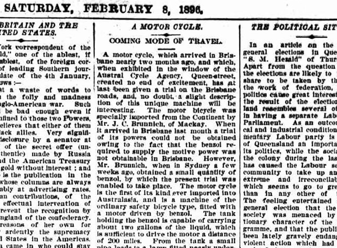 ‘A Motor Cycle: Coming mode of travel’ The Brisbane Courier (Qld. 1864-1933) 8 February 1896 / Image courtesy: Trove, National Library Australia
