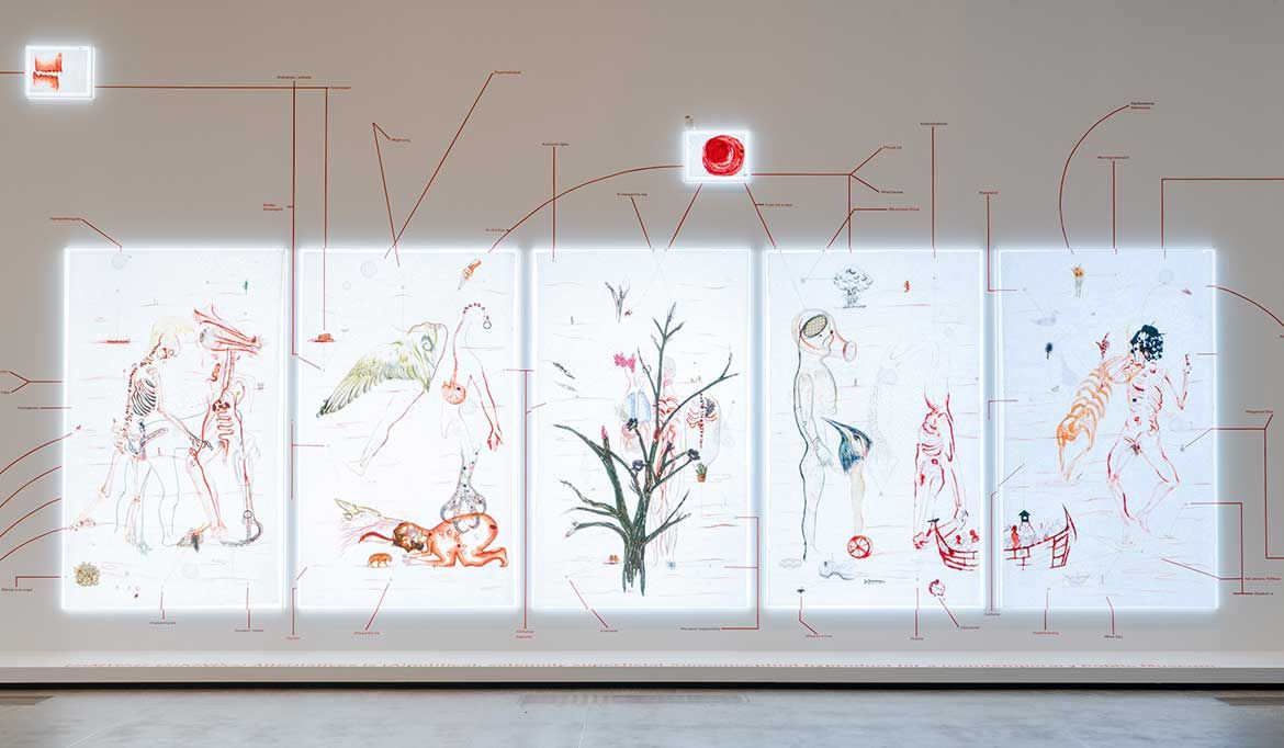 Mithu Sen, India b.1971 / UnMYthU: UnKIND(s) Alternatives 2018 / Mixed media on unique edition custom made kozo paper, lightboxes, wall drawing, contracts, found objects / Commissioned for ‘The 9th Asia Pacific Triennial of Contemporary Art’ (APT9) / Courtesy: The artist and Gallery Chemould, Mumbai / © Mithu Sen