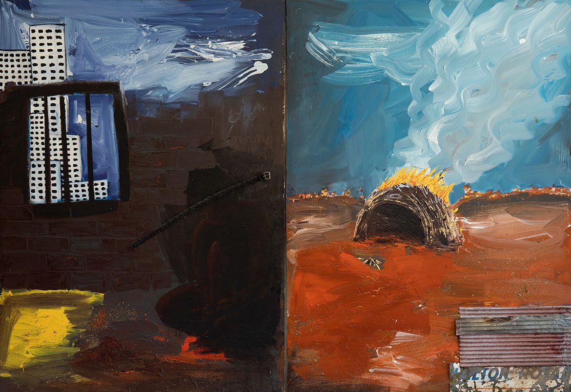 Gordon Bennett, Australia 1955-2014 / Diptych 1987 / Oil on canvas, belt, corrugated iron and grass clippings / 251 x 358.5 cm / Private Collection / © The Estate of Gordon Bennett