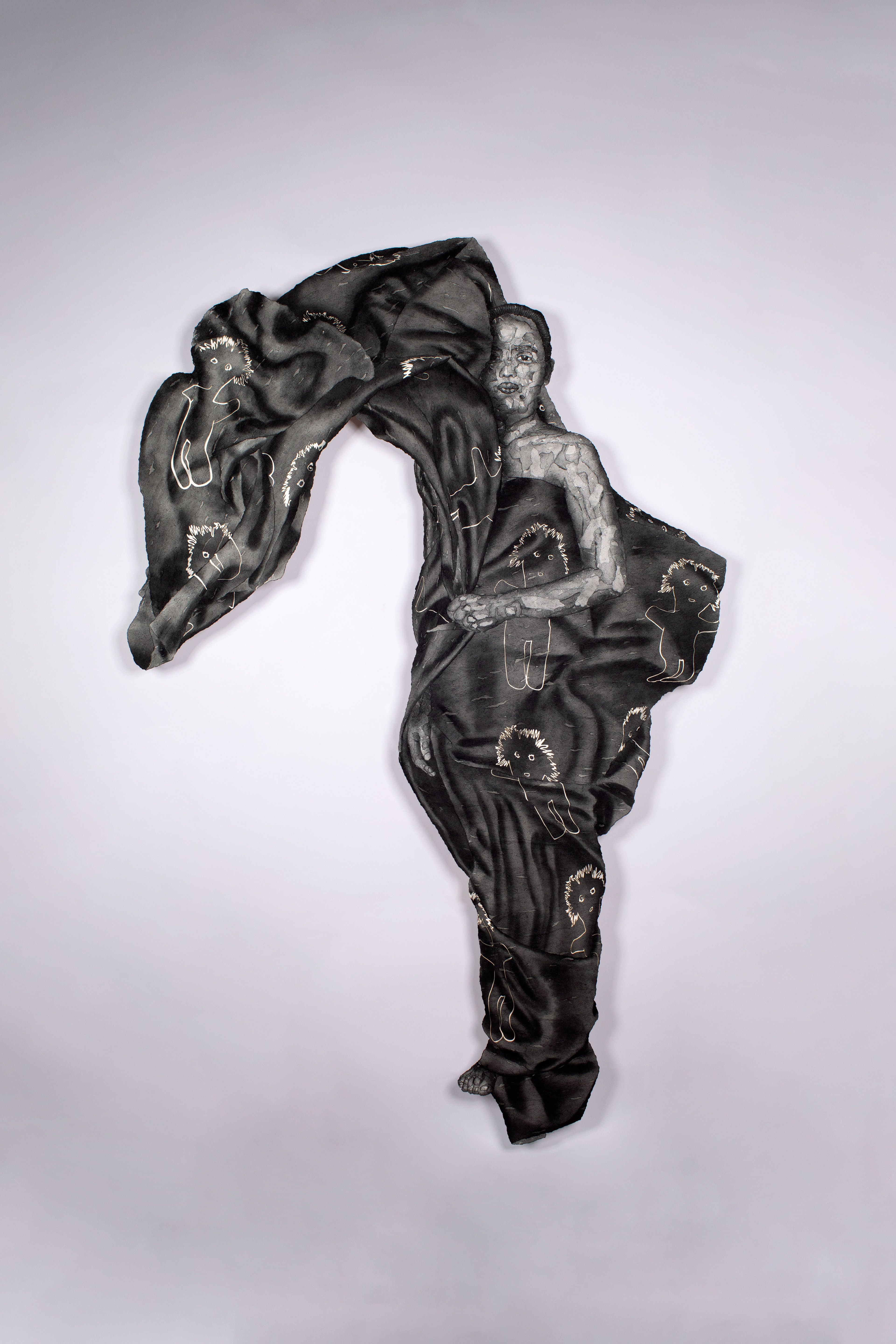 Nadiah Bamadhaj / Malaysia, b.1968 / The Unmentionable Child's Toy 2024 / Charcoal on paper collage on dibond / 225 x 150cm / Courtesy: The artist and A+ Works of Art, Kuala Lumpur