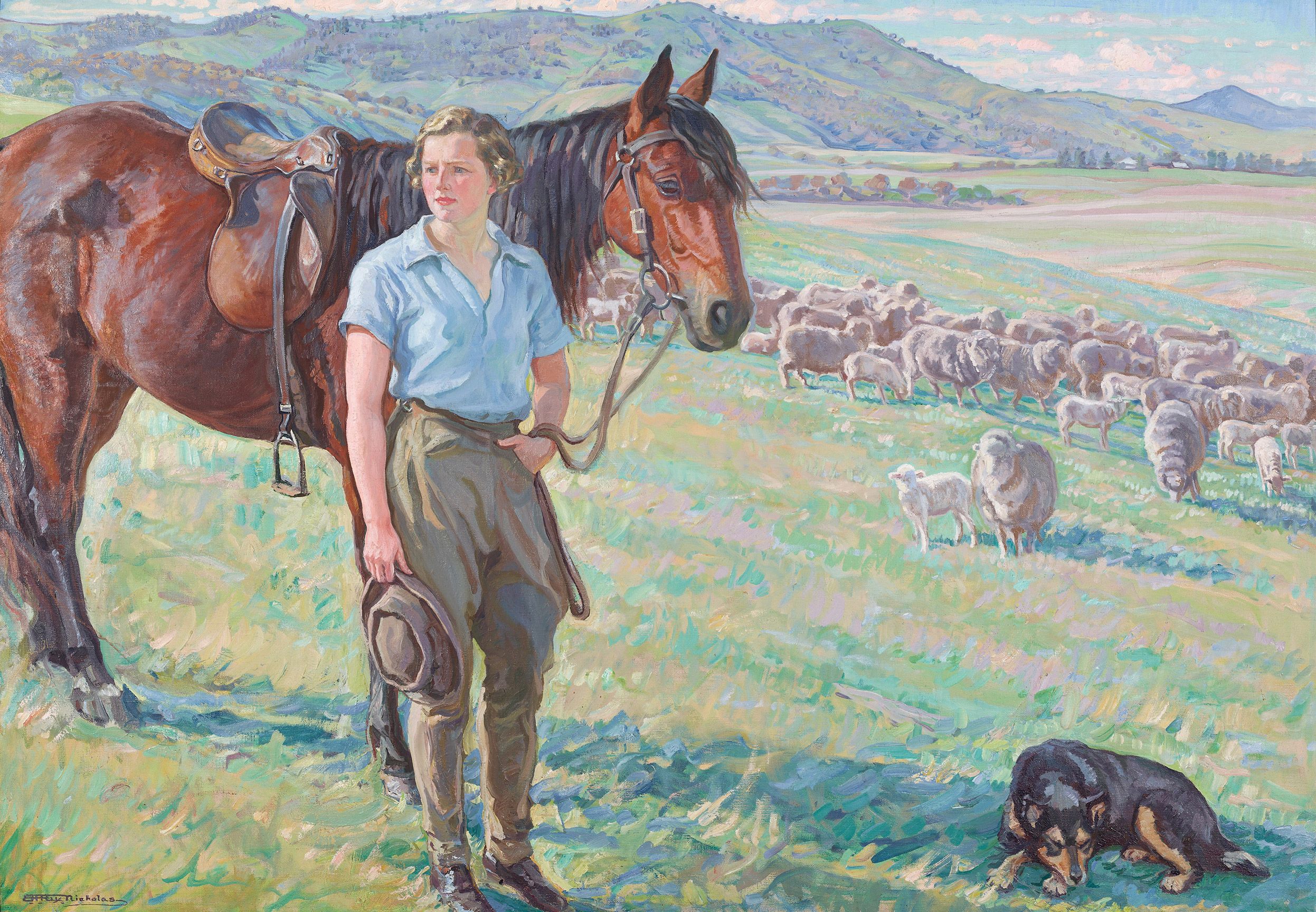 Hilda Rix Nicholas / The fair musterer 1935 / Oil on canvas / 102.3 x 160.4cm / Purchased 1971 / Collection: Queensland Art Gallery | Gallery of Modern Art / © Estate of the artist.