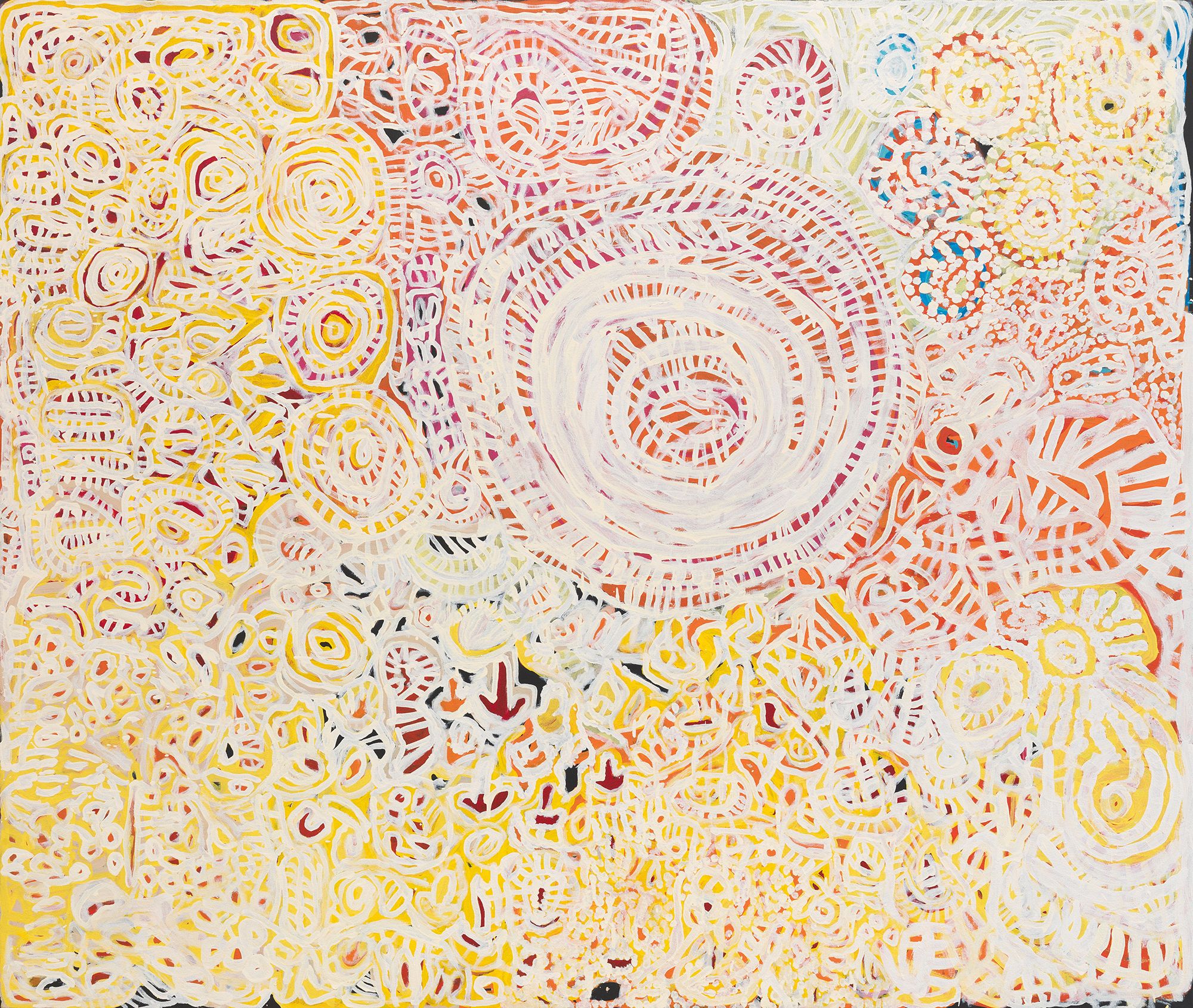 Kunmanara Minyintiri, Pitjantjatjara people, Australia c.1915 - 2014 / Kanyalakutjina (Euro tracks) 2011 / Synthetic polymer paint on linen / 155 x 184cm / Purchased 2011 with funds from Ashby Utting through the QAG Foundation / Collection: Queensland Art Gallery | Gallery of Modern Art / © Kunmanara Minyintiri/Copyright Agency