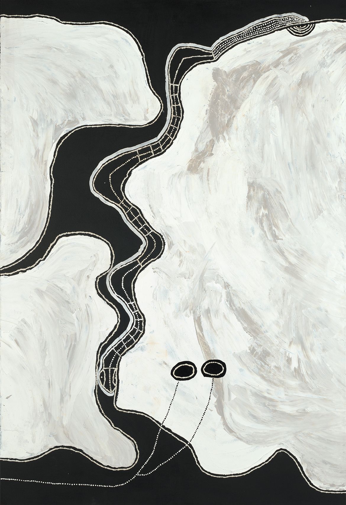 Timo Hogan, Pitjantjatjara people, Australia b. 1973 / Lake Baker 2021 / Synthetic polymer paint on linen / 200 x 137cm / Purchased 2022 with funds from the Future Collective through the QAGOMA Foundation / Collection: Queensland Art Gallery | Gallery of Modern Art / © Timo Hogan/Copyright Agency