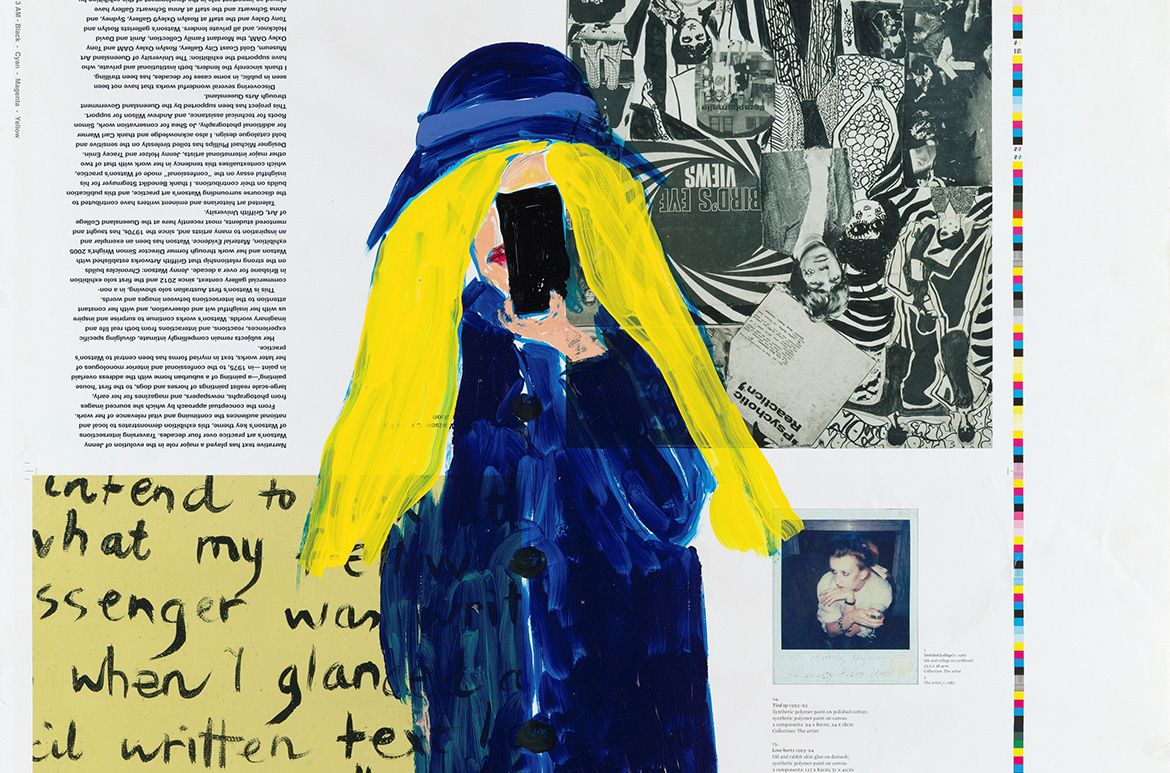 Jenny Watson, Australia b.1951 / Private views and rear visions (detail) 2021–22 / Synthetic polymer paint on found digital prints on paper / 48 sheets: 102 x 72cm (sheet) / Courtesy: Jenny Watson