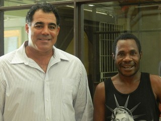 Kramer Ausenco Ambassador Mal Meninga with Kwoma artist Terry Pakiey, February 2012 / Photograph: © QAGOM