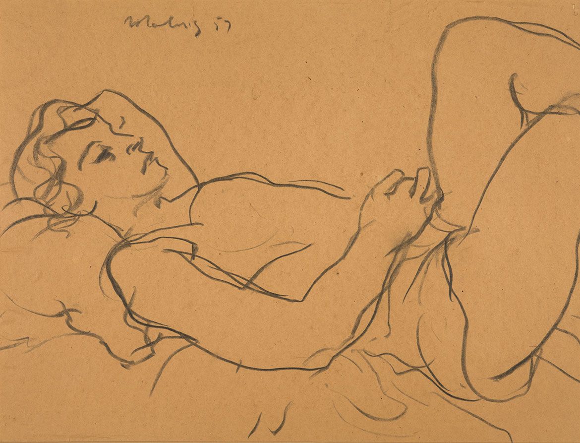 Jon Molvig, Australia 1923-70 / Maryke reclining no.1 1957 / Charcoal on paper on hardboard / 58 x 68cm / Bequest of Maryke Degeus through the Queensland Art Gallery Foundation 2011 / Collection: Queensland Art Gallery | Gallery of Modern Art / © Otte Bartzis