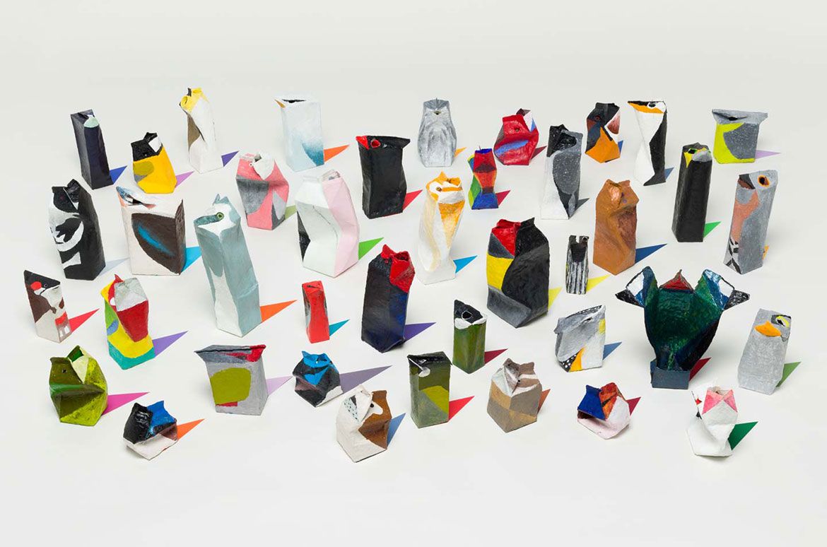 Madeleine Kelly, Germany/Australia b.1977 / Spectra of birds 2014–15 / Encaustic on cardboard with paper and text / 40 parts ranging from 8 x 11 x 11cm to 27 x 9 x 9cm / Purchased 2015 with funds from the Josephine Ulrick and Win Schubert Diversity Foundation through the QAGOMA Foundation / © Madeleine Kelly/Copyright Agency