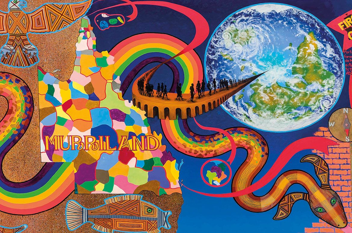 Gordon Hookey , Waanyi people, Australia b. 1961 / Murriland! #1 (detail) 2015–17 / Oil on canvas / 210 x 1000 cm / Gifted by the citizens of the Gold Coast to future generations 2019 / Collection: HOTA Gallery / © Gordon Allan Hookey/Copyright Agency, 2021 / Photograph: Peter Waddington