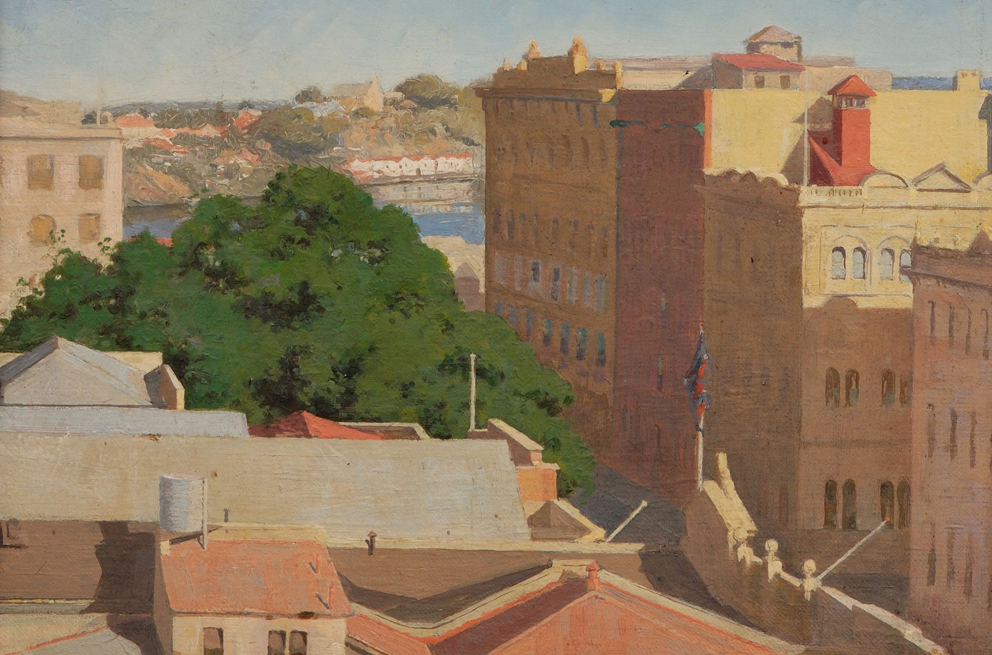 Charles H Lancaster, Australia 1886–1959 / A corner of Brisbane (detail) 1937 / Oil on canvas on cardboard / 39.5 x 44.5cm / Purchased 1937 / Collection: Queensland Art Gallery | Gallery of Modern Art / © Charles H Lancaster Estate