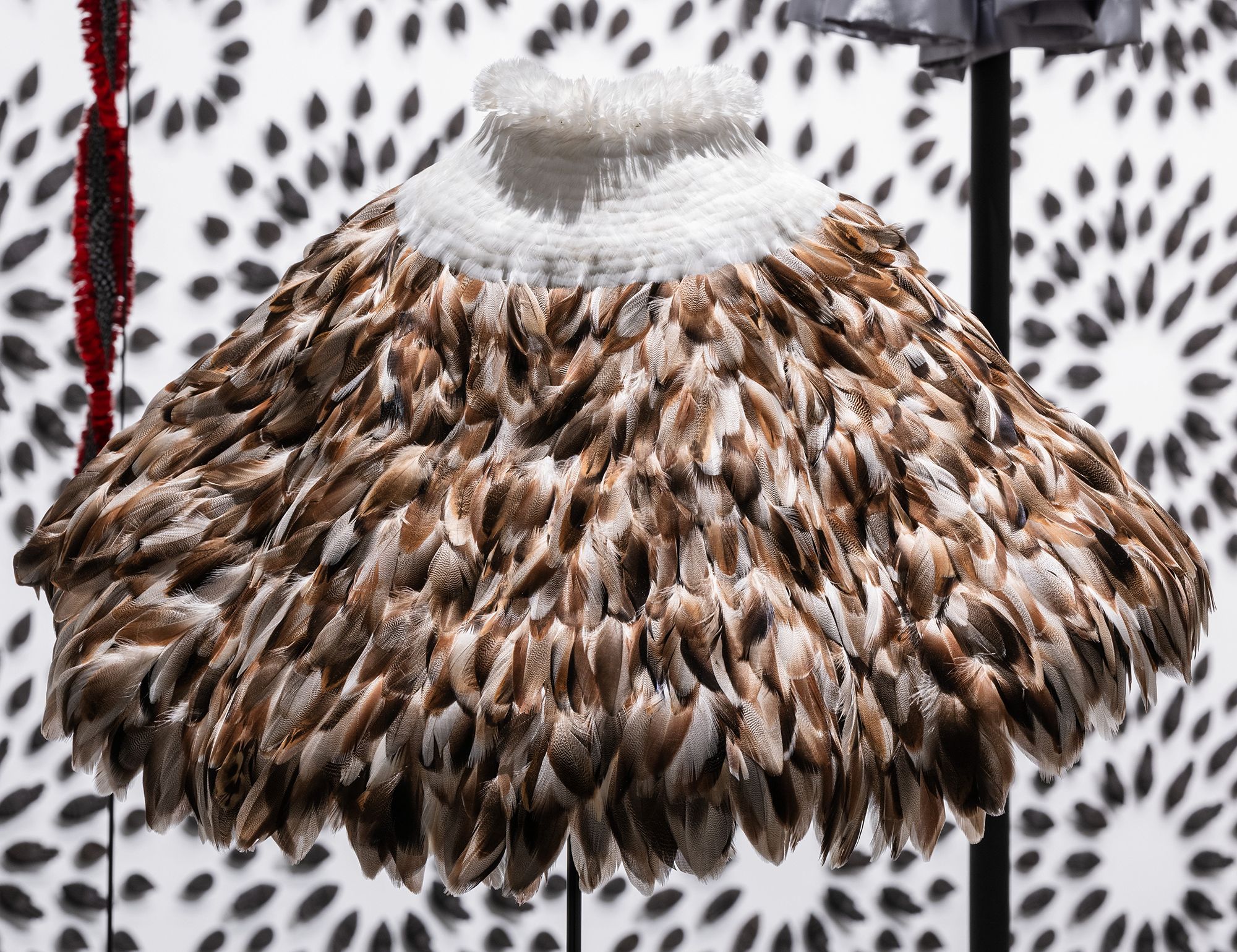 Mele Kahalepuna Chun designed this ‘ahu‘ula (feather cape) for Hina, the goddess of the moon. In this work named Mahinaokeao (Moon of the world), the artist has used earthy brown tones to complement Hina’s dual states of darkness and light. White feathers around the neckline accentuate the feminine crescent form, while a lei (garland) arrangement provides the finishing edge / Commissioned for ‘The 11th Asia Pacific Triennial of Contemporary Art’ / Purchased 2024 with funds from David Thomas AM through the QAGOMA Foundation / Collection: Queensland Art Gallery | Gallery of Modern Art / © Mele Kahalepuna Chun / Photograph: J Ruckli © QAGOMA