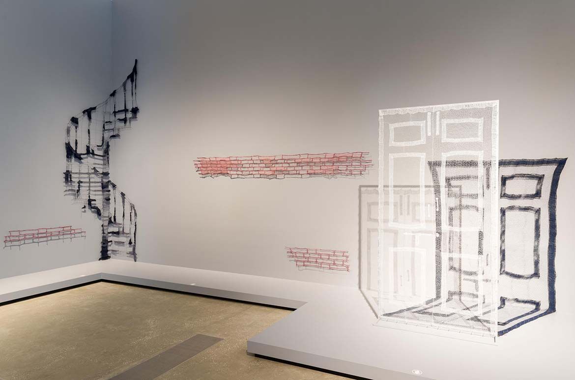 Sumakshi Singh, India b.1980 / Left: Afterlife (Spiral staircase) 2020–21 / Thread / 365 x 168 cm / Right: Afterlife (Door and shadow) 2020–21 / Thread / 210.8 x 106.7 cm / Purchased 2021 with funds from Tim Fairfax AC through the Queensland Art Gallery | Gallery of Modern Art Foundation / Collection: Queensland Art Gallery | Gallery of Modern Art / © Sumakshi Singh / Photograph: N. Harth © QAGOMA