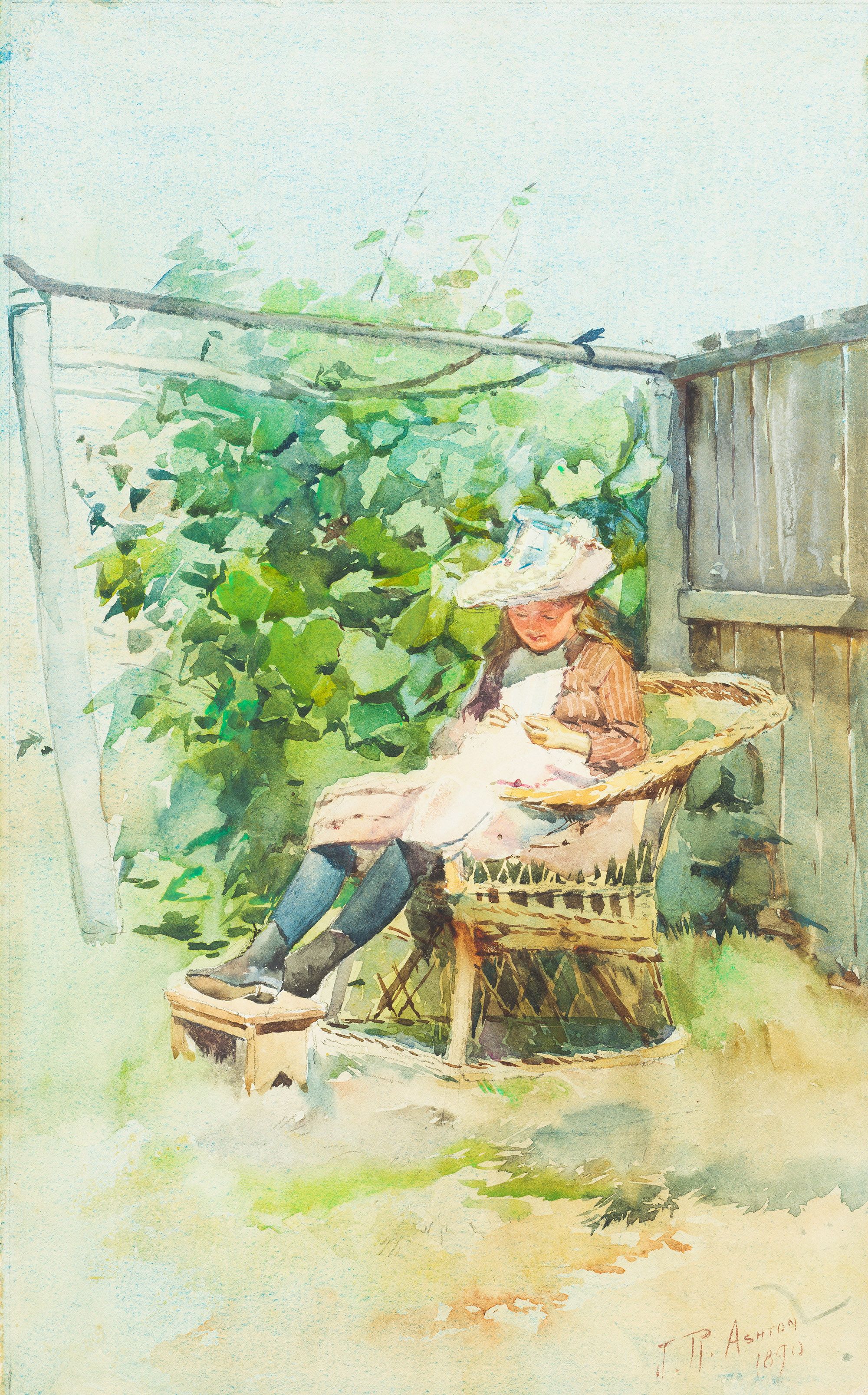 Julian Rossi Ashton, Australia 1851–1942 / (Young girl sewing in a garden) (detail) 1890 / Watercolour on paper / 43.4 x 26.5cm / Purchased 1989 from the estate of Lady Trout with a special allocation from the Queensland Government / Collection: Queensland Art Gallery | Gallery of Modern Art