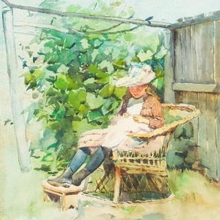 Julian Rossi Ashton, Australia 1851–1942 / (Young girl sewing in a garden) (detail) 1890 / Watercolour on paper / 43.4 x 26.5cm / Purchased 1989 from the estate of Lady Trout with a special allocation from the Queensland Government / Collection: Queensland Art Gallery | Gallery of Modern Art