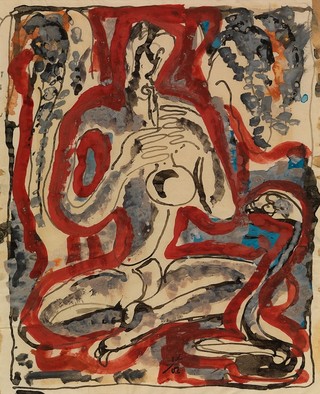 Ian Fairweather, Scotland/Australia 1891-1974 / (Snake charmer) c.1949 / Gouache, ink and watercolour on paper / 21.5 x 17.5cm / Purchased 2007. Queensland Art Gallery Foundation / Collection: Queensland Art Gallery | Gallery of Modern Art / © Ian Fairweather/DACS/Copyright Agency