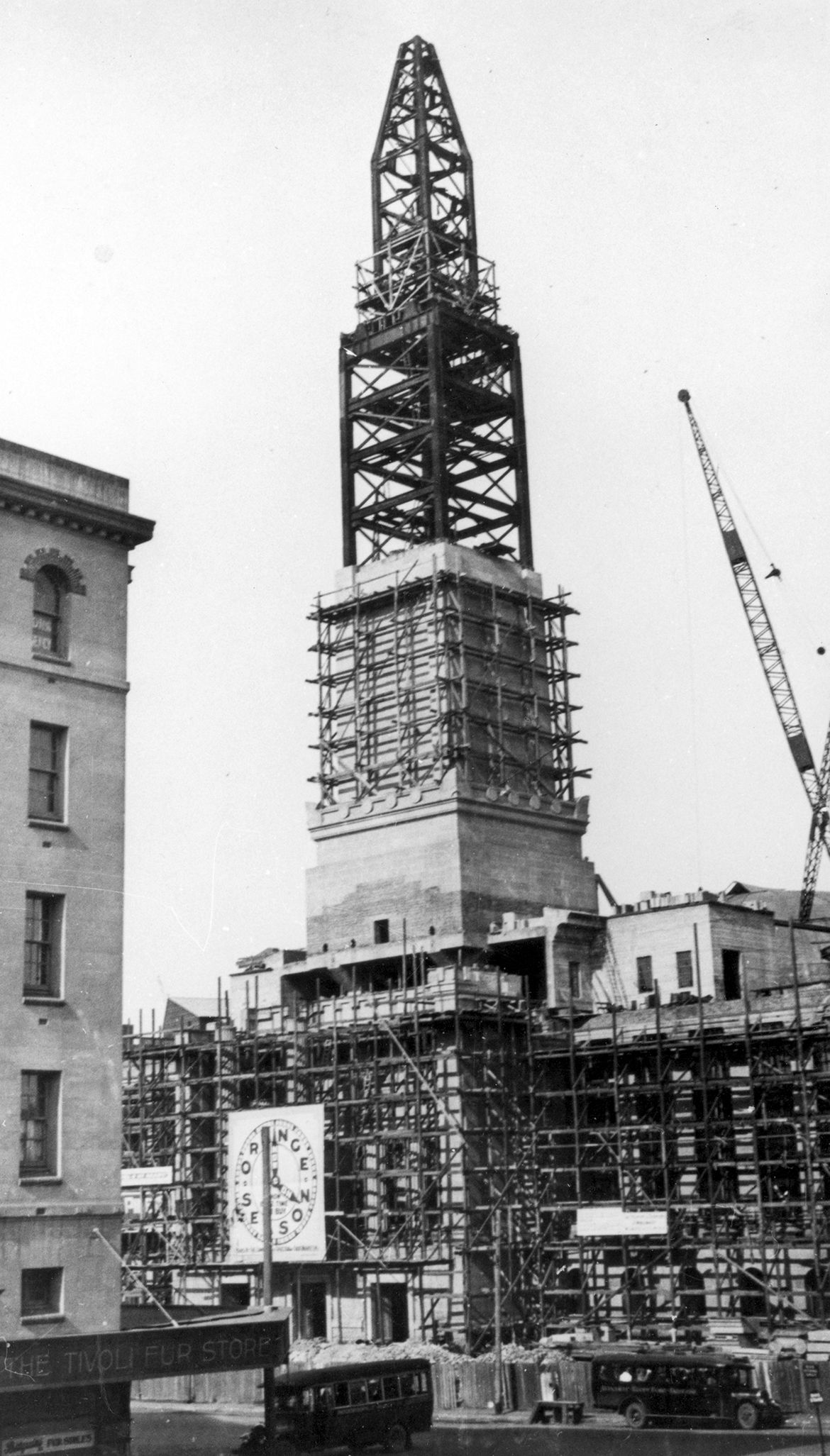 City Hall building construction highlighting the formwork, cranes and scaffolding around the clock tower, Brisbane c.1928 / 17179 / Image courtesy: John Oxley Library, State Library of Queensland, Brisbane