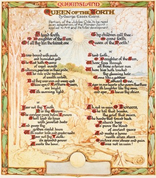 Illustrated pages by Peter Smith Templeton / Poem ‘Queen of the North’ by George Essex Evans. Evans (1863-1909) was an Australian poet living in Queensland, his ‘Queen of the North: A Jubilee Ode’ was first published in The Brisbane Courier, 7 August 1909, three months before his death / The borders of Templeton’s illustrations features Australian Eucalyptus leaves and Gum nuts, the hard woody fruit of the tree; The first plate is in recognition to the outback pioneer spirit and its contribution towards developing Australia as a nation. In the second plate Poinciana and Jacaranda trees populate the view toward Brisbane pictured from Mt Coot-tha Lookout, featuring the clock tower of the recently opened Brisbane City Hall within the heart of Brisbane City. Both plates acknowledging the contribution of the arts both past, present and future.