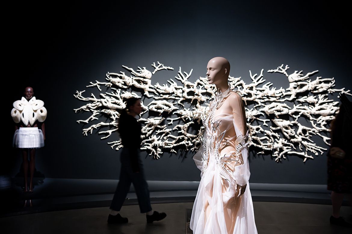Courtney Mattison’s Malum Geminos 2019 of glazed stoneware and porcelain installed in ‘Iris van Herpen: Sculpting the Senses’, GOMA 2024 / Photograph: C Callistemon © QAGOMA