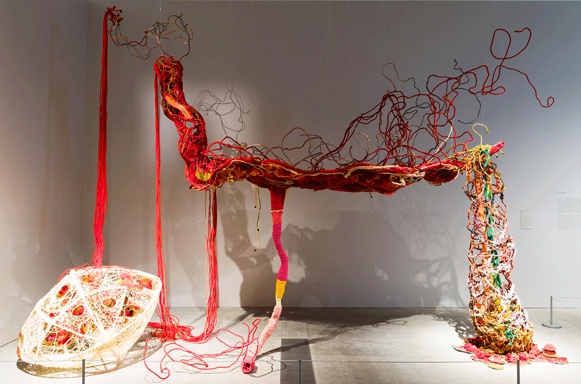 Aluaiy Pulidan, Paiwan people, Taiwan b.1970 / Find a habitat (installation view, detail) 2021 / Wool, ramie, cotton, copper, silk / © Aluaiy Pulidan / Courtesy: The artist and Taiwan Indigenous Peoples Cultural Development Centre / Photograph: Natasha Harth © QAGOMA