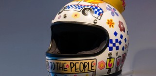 TextaQueen / Australia WA/VIC b.1975 / Defund the Police Helmet 2020 / Enamel paint and synthetic polymer paint on Biltwell Gringo ECE helmet, found plastic and ceramic object, coins / Courtesy: The artist