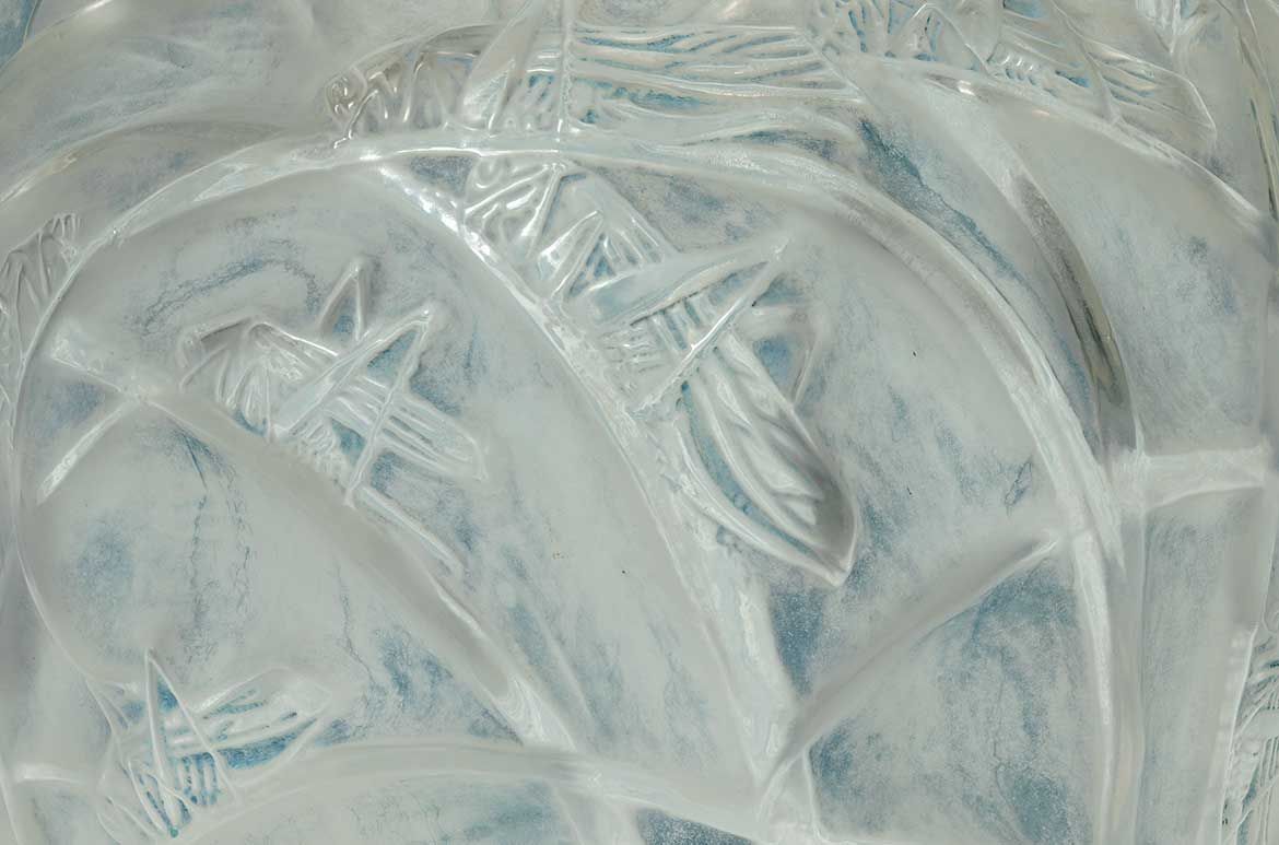 René Lalique, France 1860-1945 / Sauterelles (Grasshopper) vase (detail) designed 1912 / Mould blown frosted and clear glass with grey patina / 27 x 25.2 x 25.2cm / Purchased 2018 with funds from the Josephine Ulrick and Win Schubert Diversity Foundation through the QAGOMA Foundation / Collection: Queensland Art Gallery | Gallery of Modern Art