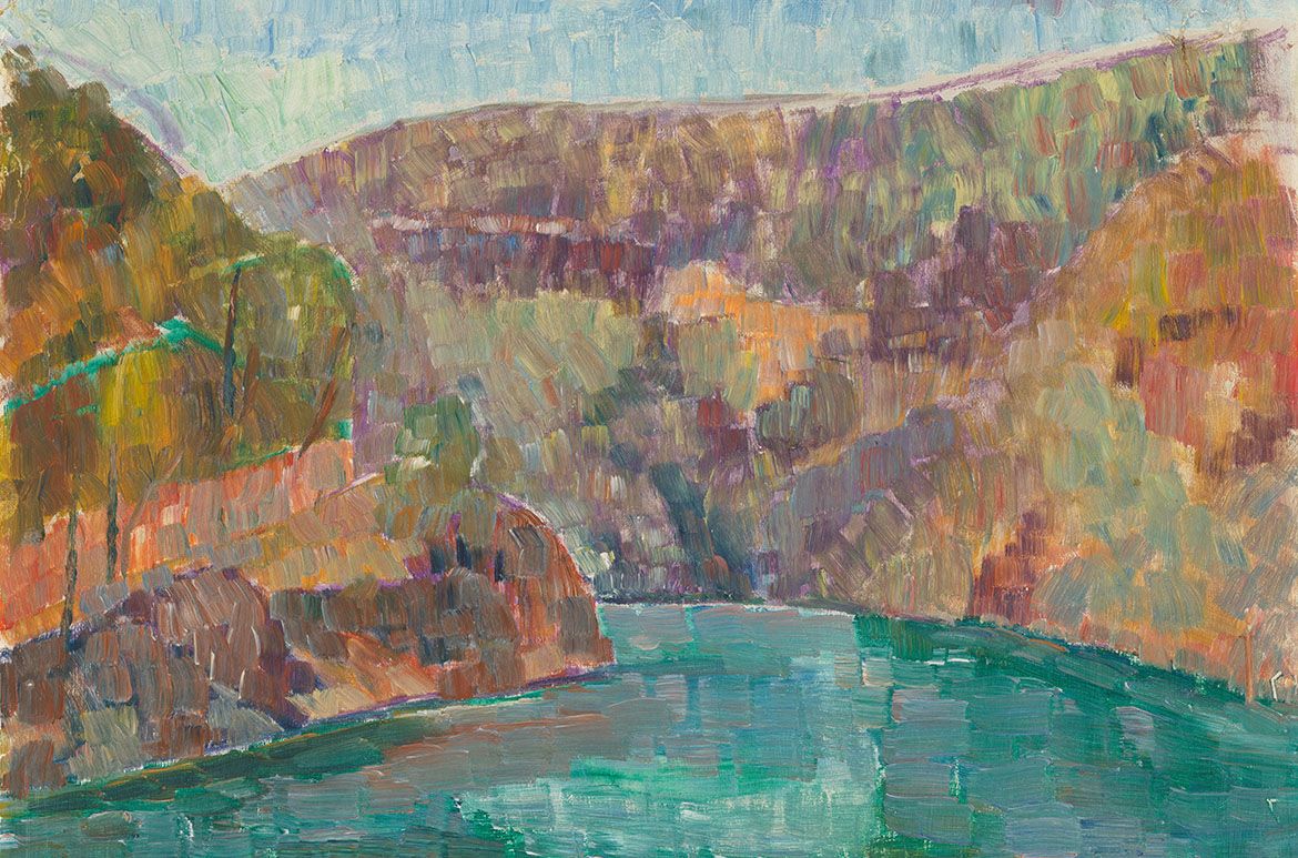 Grace Cossington Smith, Australia 1892-1984 / Deep water, Bobbin Head c.1942 / Oil on pulpboard / 39.5 x 44cm / Gift of Des Park through the Queensland Art Gallery | Gallery of Modern Art Foundation 2021. Donated through the Australian Government’s Cultural Gifts Program / Collection: Queensland Art Gallery | Gallery of Modern Art / © The Estate of Grace Cossington Smith