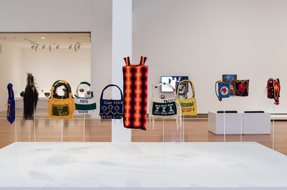 Installation view of ‘No. 1 Neighbour′ featuring bilums from the Gallery’s Collection / © The artists / Photograph: Natasha Harth © QAGOMA