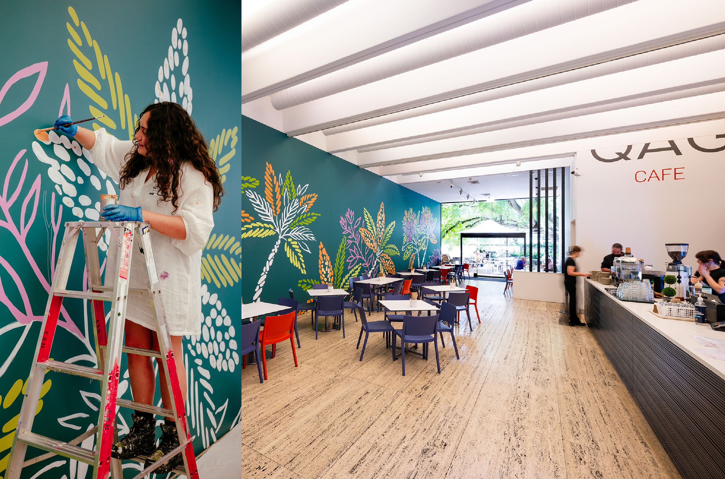 Tamika Grant-Iramu, Papua New Guinean, European and Torres Strait Islander heritage, Australia b.1995 / A Verdant Landscape 2025, QAG Cafe 2025 / Hand-painted mural, design derived from original relief-print on paper / Commissioned 2025 with funds from the Queensland Art Gallery | Galley of Modern Art Foundation / © Tamika Grant-Iramu / Photographs: J Ruckli © QAGOMA