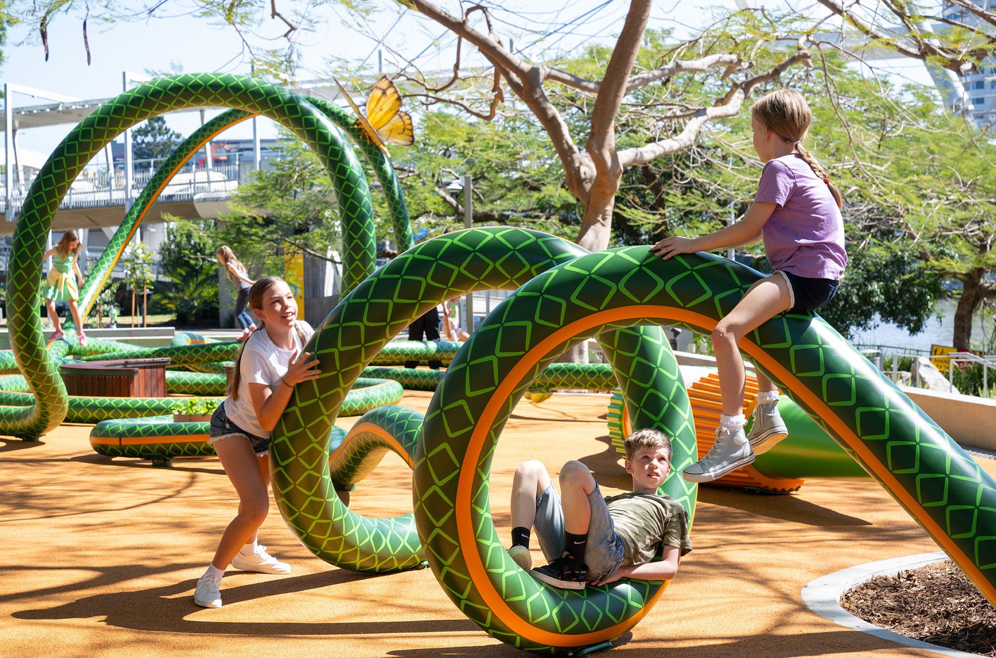 Tony Albert, Girramay/Yidinyji/Kuku Yalanji peoples, Australia b.1981 / Nell, Australia b.1975 / The Big Hose (detail) 2022–25 / Aluminium, reclaimed hardwood, paint, rubber / Commissioned 2022. This project has been realised with generous support from Andrew and Dr Susan King, the Neilson Foundation, Margaret Mittelheuser AM and Cathryn Mittelheuser AM, Gina Fairfax AC, Dr Shirley Hsieh, and the 2022 QAGOMA Foundation Appeal / Collection: Queensland Art Gallery | Gallery of Modern Art / © Tony Albert and Nell / Photograph: N Umek © QAGOMA