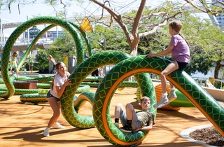 Tony Albert, Girramay/Yidinyji/Kuku Yalanji peoples, Australia b.1981 / Nell, Australia b.1975 / The Big Hose (detail) 2022–25 / Aluminium, reclaimed hardwood, paint, rubber / Commissioned 2022. This project has been realised with generous support from Andrew and Dr Susan King, the Neilson Foundation, Margaret Mittelheuser AM and Cathryn Mittelheuser AM, Gina Fairfax AC, Dr Shirley Hsieh, and the 2022 QAGOMA Foundation Appeal / Collection: Queensland Art Gallery | Gallery of Modern Art / © Tony Albert and Nell / Photograph: N Umek © QAGOMA