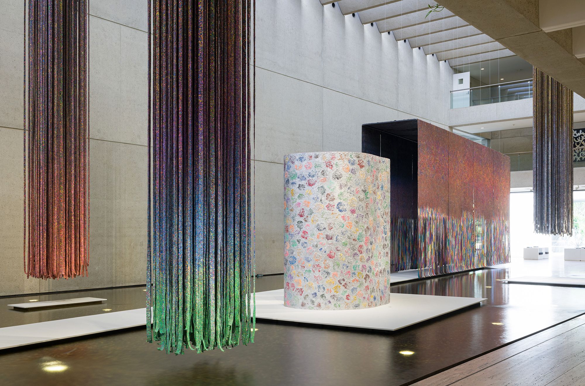 Mit Jai Inn, Thailand b.1960 / (left to right) Untitled (Totem #APT) 2024 / Untitled (Scroll #APT) 2024 / Untitled (Tunnel #APT) 2024 / Oil on canvas / Site specific work commissioned for ‘The 11th Asia Pacific Triennial of Contemporary Art’ 2024, Queensland Art Gallery / © Mit Jai Inn / Courtesy: The artist and Silverlens, Manila and New York / Photograph: C Callistemon © QAGOMA