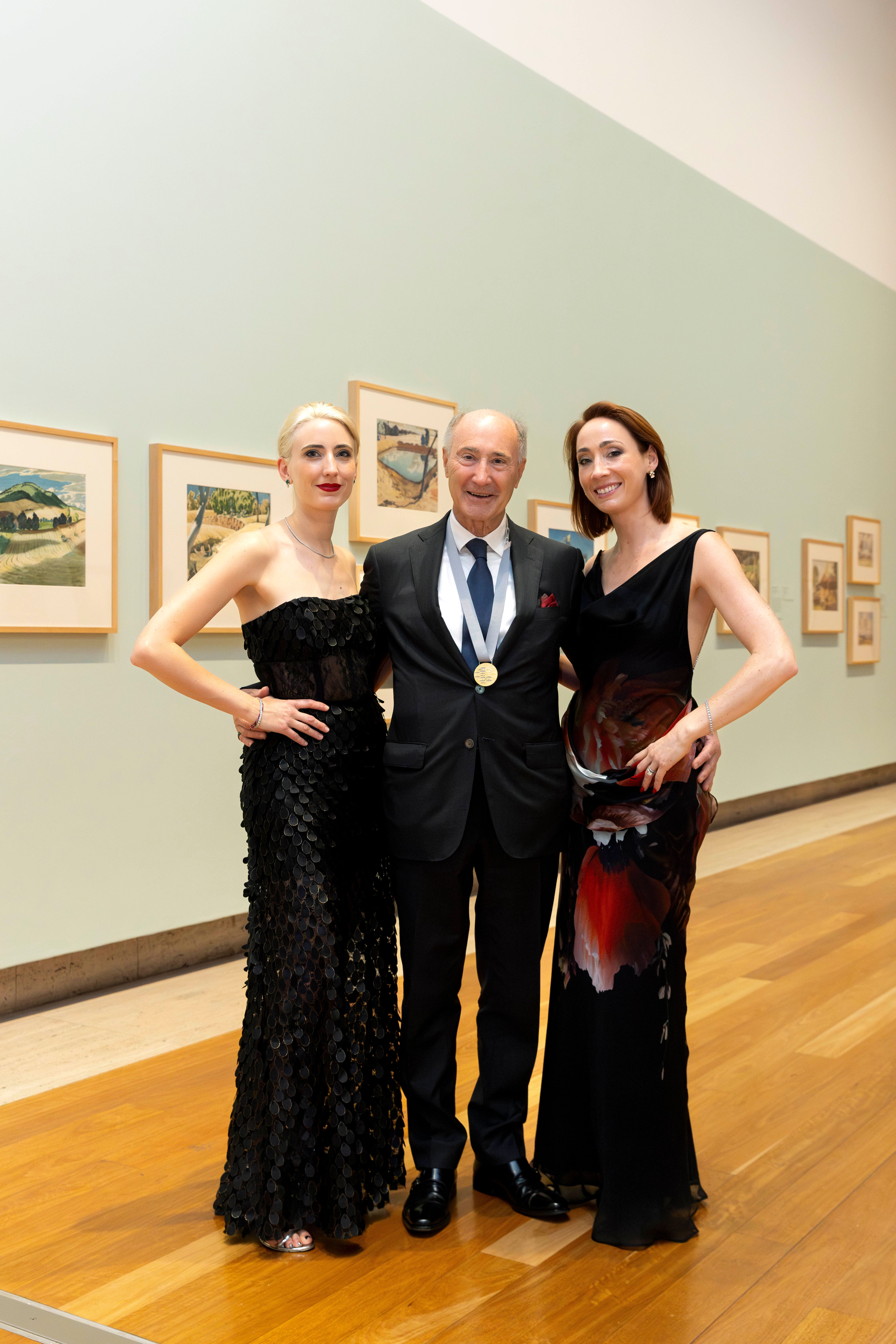 2025 QAGOMA Medal recipients, Kerr Neilson (centre) Paris Neilson and Beau Neilson of the Neilson Foundation at the QAGOMA Foundation Annual Dinner, QAG, October 2025 / Photograph: C Baxter