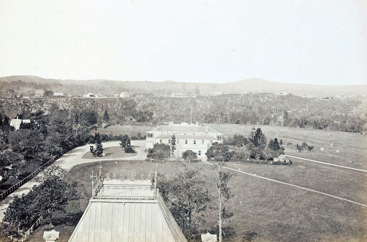 G P Wright, Australia c.1815–91 / Government House and domain from the top of the parliamentary buildings (from ‘Brisbane illustrated’ portfolio) c.1874-79 / Albumen photograph on paper mounted on card / 20 x 24cm (comp.) / Purchased 2005 / Collection: Queensland Art Gallery | Gallery of Modern Art