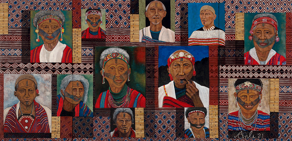 Anli Genu, Atayal people, Taiwan b.1958 / Weave my face 2021 / Oil and mixed media on canvas / 175 x 368cm / © Anli Genu / Image courtesy: The artist and Taiwan Indigenous Peoples Cultural Development Centre
